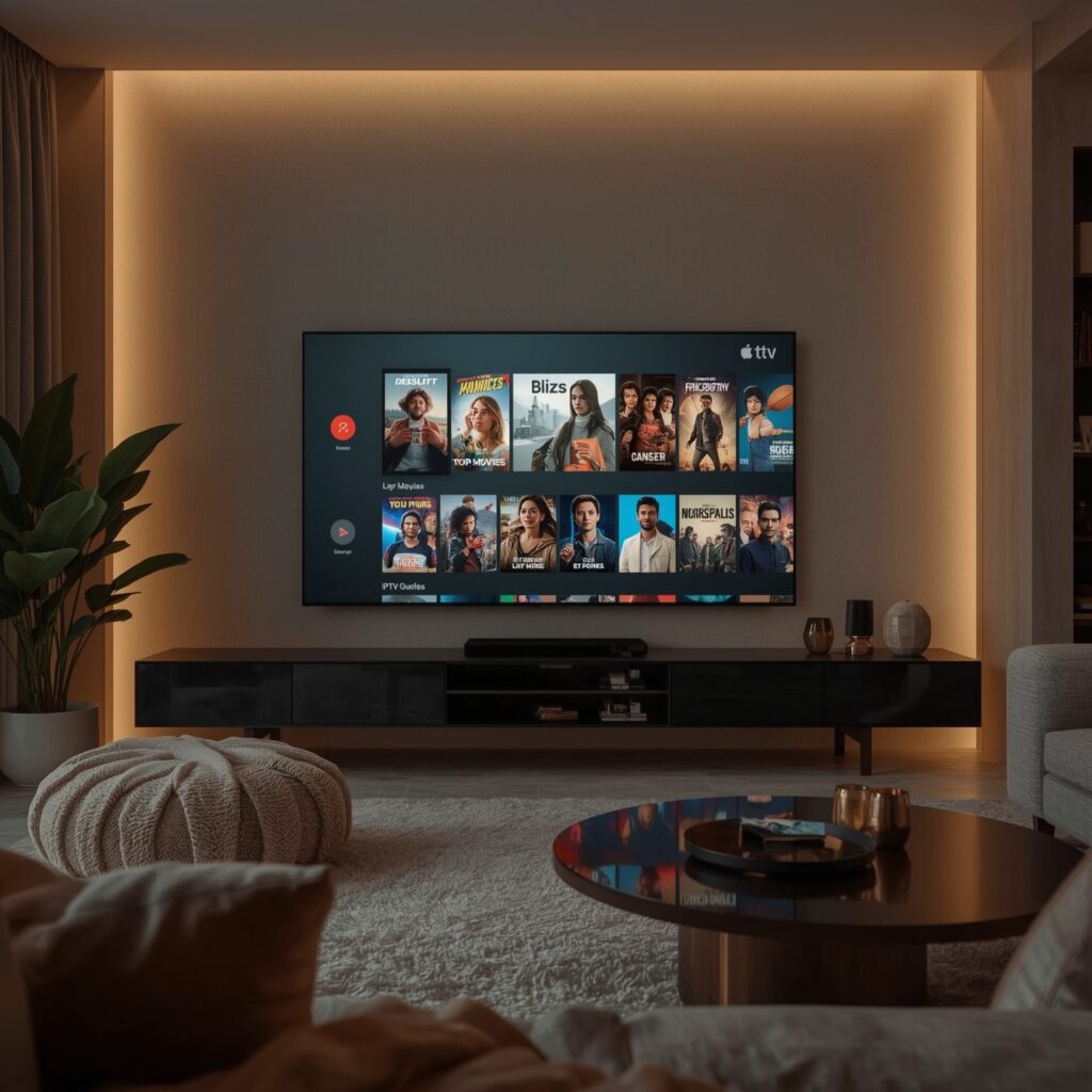 Modern living room with a large TV displaying an IPTV streaming interface with movie and series thumbnails.
