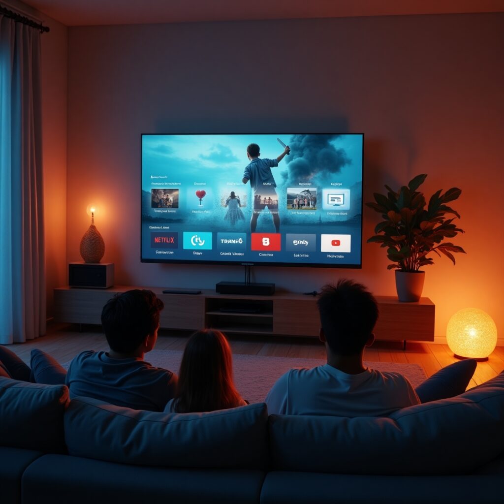 Three people watching a smart TV displaying a vibrant IPTV interface with various app icons.