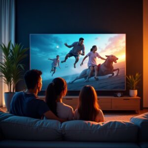 Family of three watching an action-packed fantasy movie on a large TV in a modern living room.