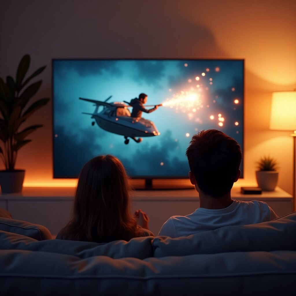 Couple watching an action-packed movie on a large TV, featuring a character on a flying vehicle.
