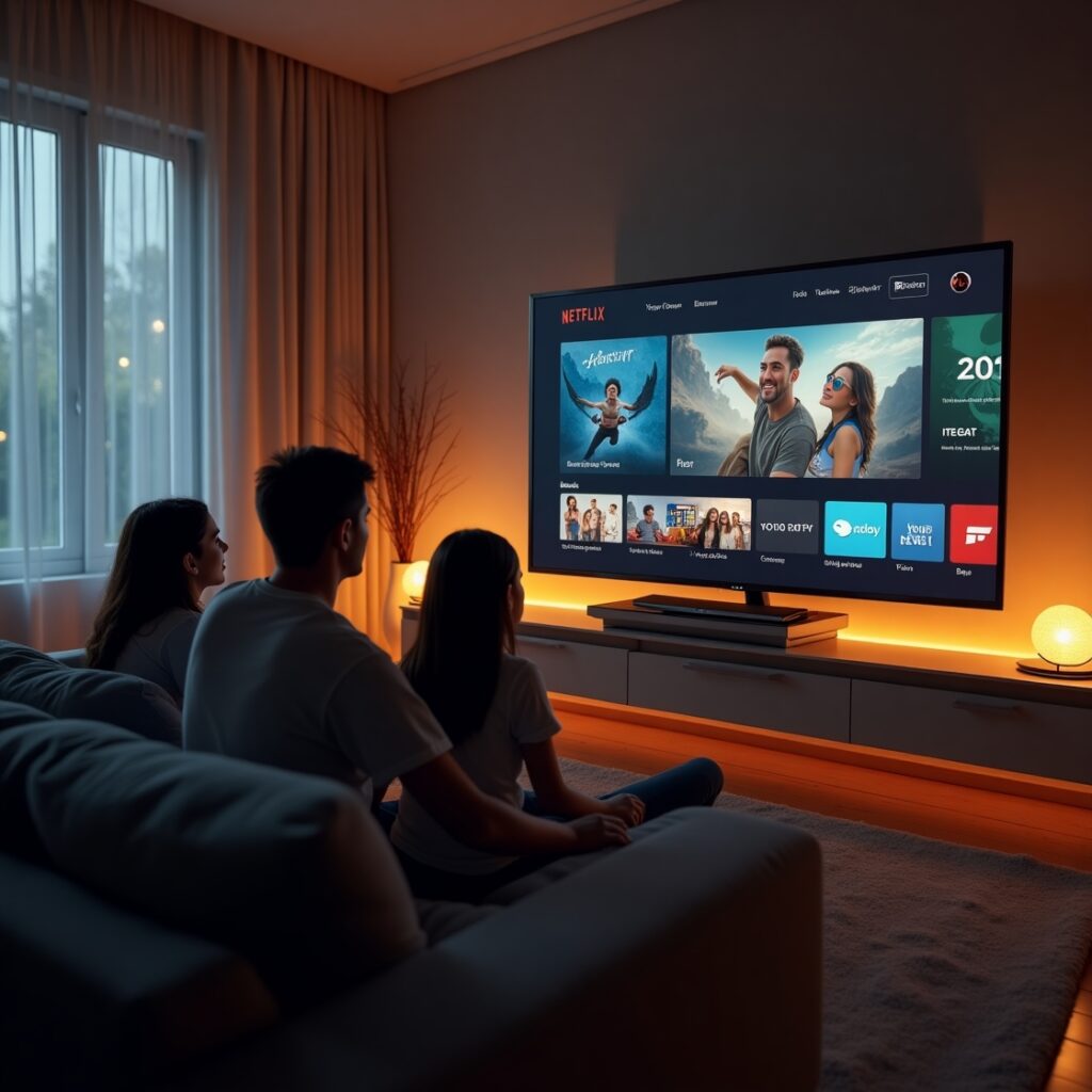 Family of three watching TV with a familiar streaming service interface displayed on screen.