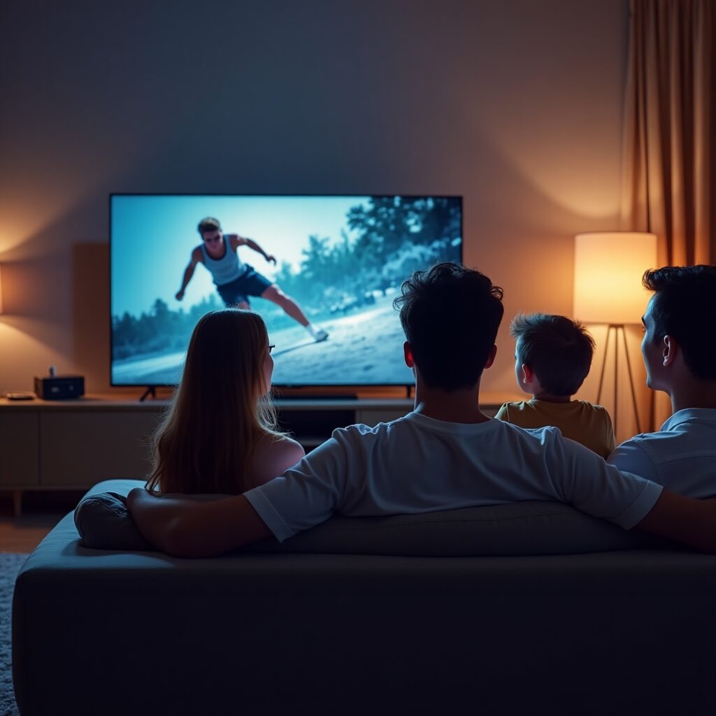 Family of four watching an action sports show on a large television in a dimly lit living room.