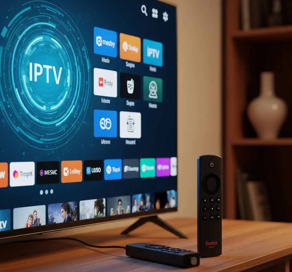 4K Live IPTV setup with Firestick connected to a smart TV in a modern living room