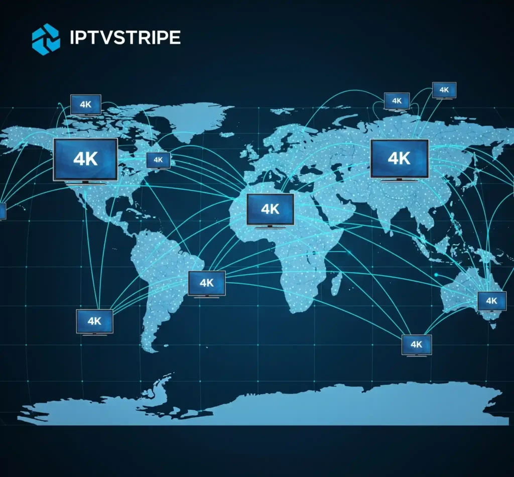 Global access to IPTVStripe’s 4K Live IPTV service illustrated with a digital world map
