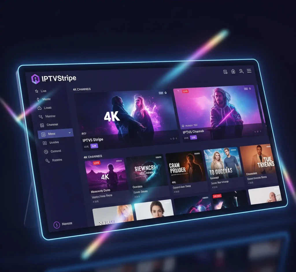 IPTVStripe 4K Live IPTV dashboard interface showing multiple streaming channels